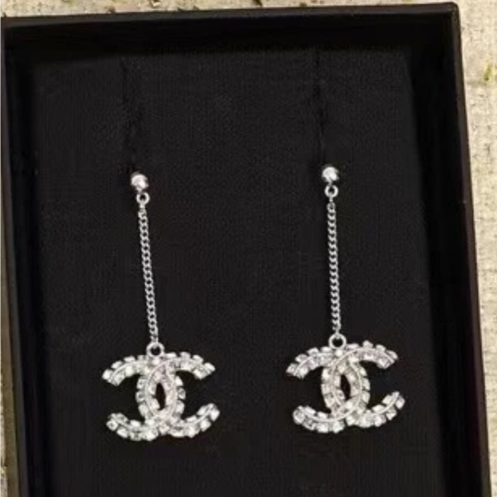 CHANEL Silver Crystal Drop Earrings
